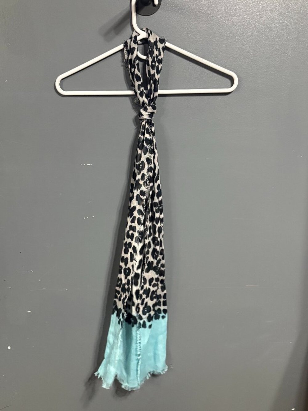 Blue Pacific Animal Print Cashmere Silk Scarf in Aqua Blue and Snow.